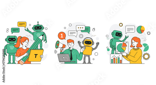 Illustration of people interacting with robots and ai, showing collaboration and data analysis
