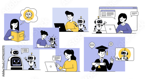Illustration of people interacting with robots in various educational and technological settings