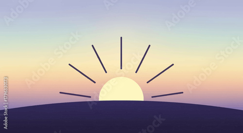 Stylized graphic illustration of a sunrise or sunset with radiating sunbeams over a dark horizon and a pastel gradient sky.