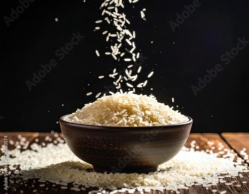 Close Up of Rice Grains Pouring Into Ceramic Bowl on Wooden Surface against Black Background