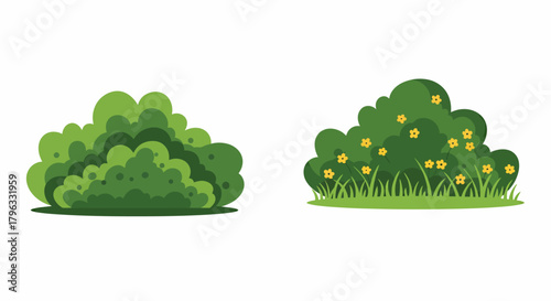 Isolated vector illustration of a lush green bush and a shrub with small yellow flowers, set against a clean white background, ideal for graphic design projects.