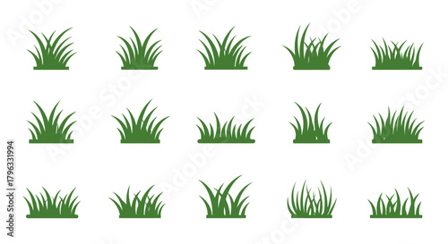 A versatile set of green grass clumps and tufts, designed in a modern flat vector style, serving as isolated graphic elements for many projects.
