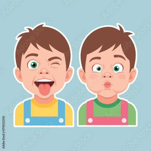 Cute cartoon boy character with different funny facial expressions.
