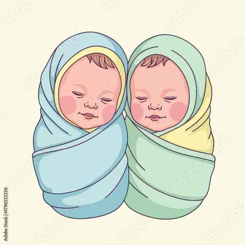 Two adorable newborn babies swaddled in soft blankets sleeping peacefully.