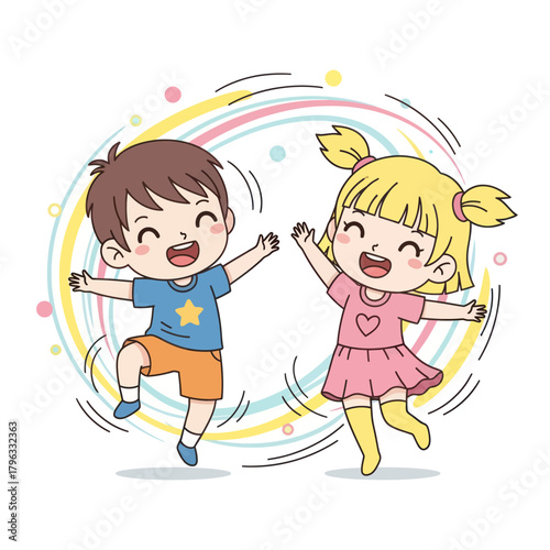 Joyful children jumping and celebrating happiness together with excitement and glee.