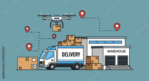 Efficient Modern Delivery Truck at Warehouse with Boxes and Packages