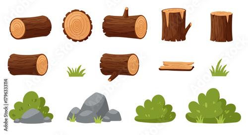 Collection of natural elements including logs, stumps, grass, bushes, and rocks, perfect for environmental or forest-themed designs.