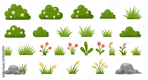 A collection of vector illustrations showcases various green grass tufts, bushes, and small plants, perfect for enriching landscape designs and natural scene compositions.