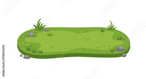 A vibrant green cartoon grass island with small rocks and tufts, perfect for game design elements or digital illustrations on a transparent background.