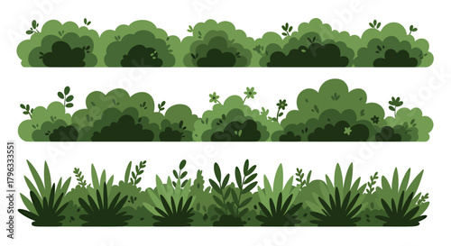 A set of vector illustrations showcasing various green grass and bush designs, perfect for adding natural elements to digital artwork and graphic projects, isolated on white.