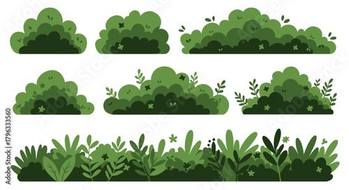 Collection of stylized green bushes and plants in a flat vector design, perfect for adding natural elements to graphic projects.