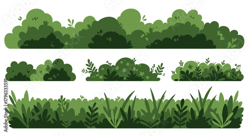 A versatile collection of vibrant green grass and bush elements, designed in a modern flat vector style, ideal for diverse digital design projects.