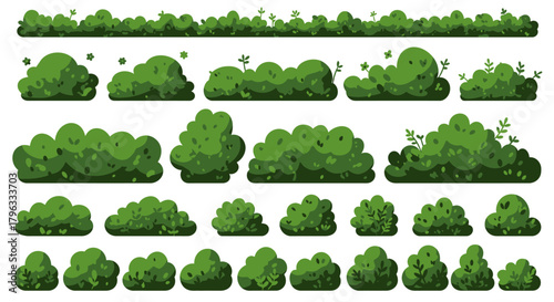 A charming collection of various green cartoon bushes, grass, and shrub elements presented in a clean vector style, perfect for game design or nature illustrations.