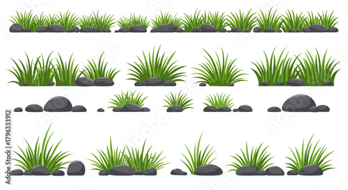 Collection of stylized green grass clumps and smooth gray stones, perfect for nature scenes and ecological design elements.