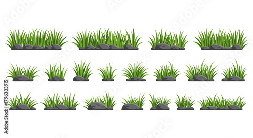 A collection of vibrant green grass clumps with small grey stones, presented as a detailed vector illustration isolated on a clean white background.