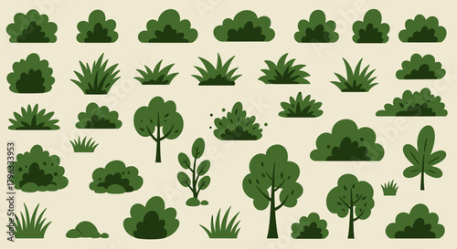 A collection of diverse green grass and bush vector illustrations, perfect for adding natural elements to designs, available in PNG format for easy integration into projects.