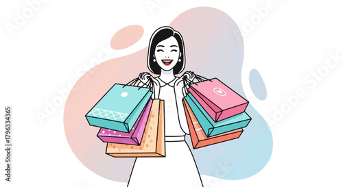 Happy Young Woman Shopping with Multiple Gift Bags Celebrating Special Occasion