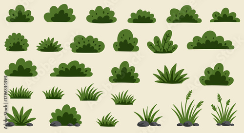 A diverse collection of stylized green bushes and fresh grass elements, rendered in a clean vector art style, perfect for various design projects.