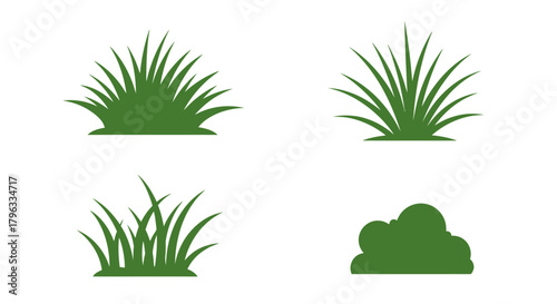 A versatile collection of green grass clumps and bushes, rendered as clean vector illustrations on a white background, ideal for nature design elements.