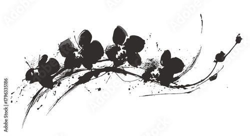 Abstract sumi-e orchid flower painting with expressive ink brush strokes on white background