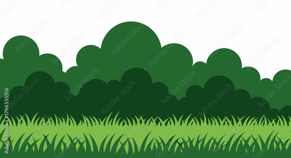 Obraz premium A vibrant green cartoon grass border with stylized bushes creates a simple, cheerful natural landscape background perfect for various design projects.