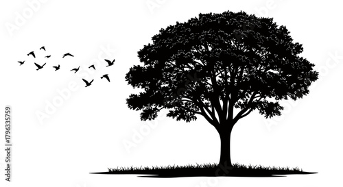 Silhouette of a large, leafy tree with a flock of birds flying away against a white background, representing nature and freedom.