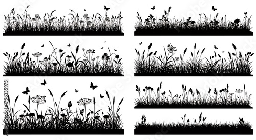 A collection of detailed black silhouette vector borders featuring various types of grass, wildflowers, and playful butterflies, perfect for natural design elements.