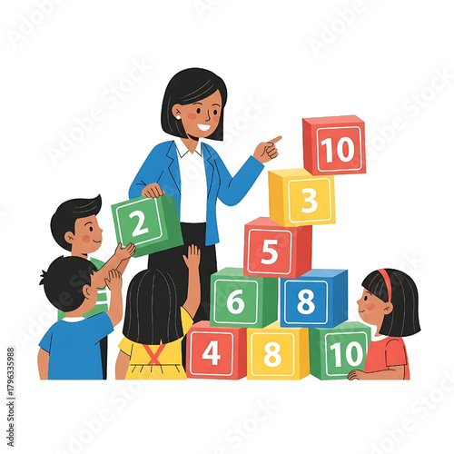 Teacher and Children Learning Math with Number Blocks Illustration