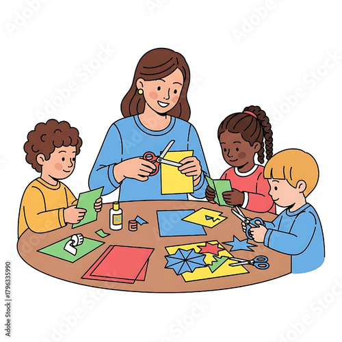 Teacher and Children Crafting Art Projects in Classroom Illustration