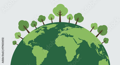 Stylized green planet Earth illustration with trees and grass, representing environmental awareness and nature conservation on a light background.