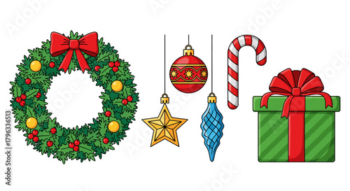 Festive Christmas decorations including a wreath, ornaments, candy cane, and a wrapped gift.