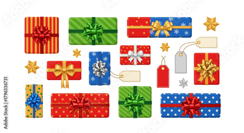 A collection of festive gift boxes with colorful wrapping paper and ribbons, perfect for holidays and celebrations.