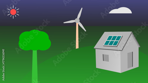 Green Energy Landscape with Solar House, Wind Turbine, and Tree — Eco-Friendly Renewable Energy Vector Illustration