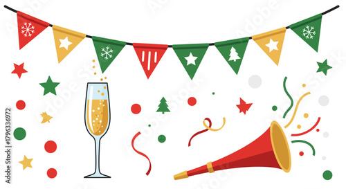 A festive collection of Christmas party elements including a champagne flute, a party horn, and colorful bunting.