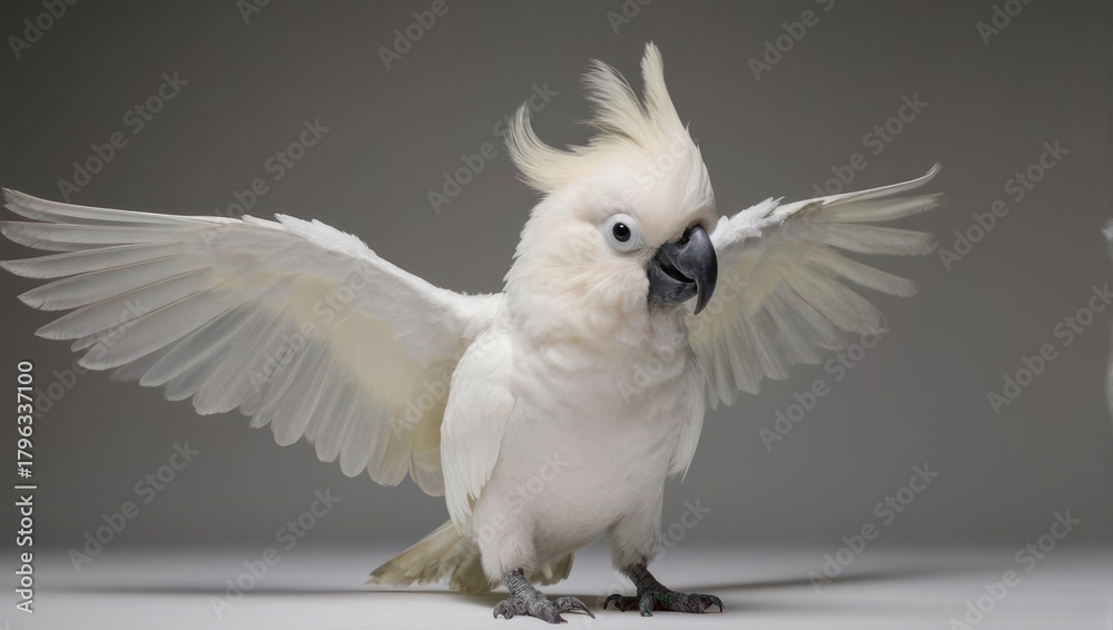 Obraz premium A majestic white cockatoo with its wings spread wide in a studio setting.