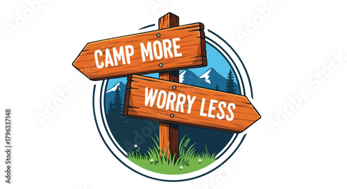 Outdoor Vector Emblem Illustration with Wooden Signpost Mountains Pine Trees and Camping Theme Rustic Hand Drawn Style Brown Green Blue