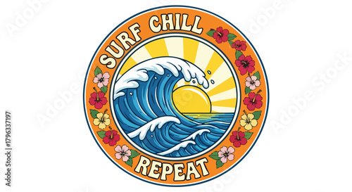 Badge Illustration Vector of Retro Ocean Wave Sun Hibiscus Flowers Blue Yellow Orange Tropical Style