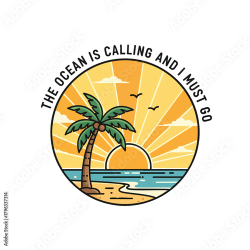 Logo Template Vector Illustration Tropical Beach Scene with Palm Tree Ocean Sunset and Retro Line Art Style Warm Yellow Orange Blue Colors