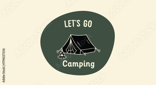 Outdoor Adventure Camping Vector Illustration Badge Design Hand Drawn Tent Campfire Rustic Green Black Cream Style