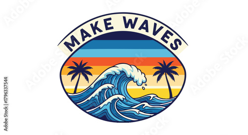 Vintage Surf Vector Illustration with Ocean Wave Palm Trees and Sunset Stripes Retro Beach Style Blue Orange Yellow