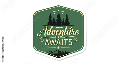 Logo Template Vector Badge Adventure Awaits Text Pine Trees Mountains Vintage Outdoor Green Yellow