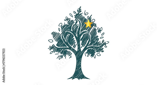 Doodle Style Tree with Golden Star Symbolizing Growth Success and Excellence Isolated on White