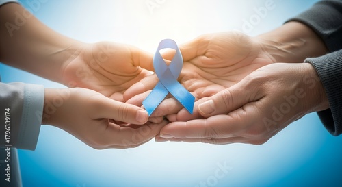 Adult and Child Hands Holding a Glowing Blue Awareness Ribbon Symbolizing Diabetes Support and Health Causes