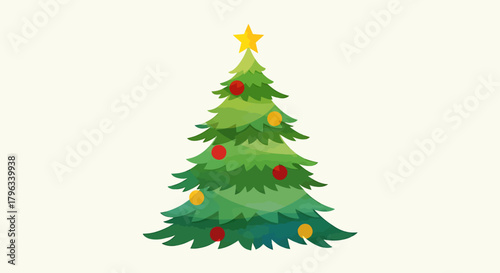 Simple Cartoon Christmas Tree with Colorful Ornaments and Star Topper on White Background