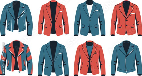 Array of Blue and Red Blazer and Biker Style Jackets on a White Background