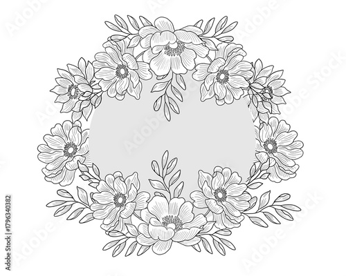Hand Drawn Aster Line Art Flower Wreath