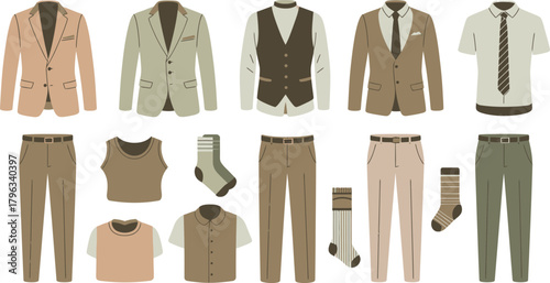 Array of Men's Fashion Suits, Pants, Shirts, Socks, and Coordinating Outfits Displayed