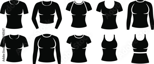 Assorted Black Women's Tops Short Sleeve, Long Sleeve, Tank Top Fashion Illustration