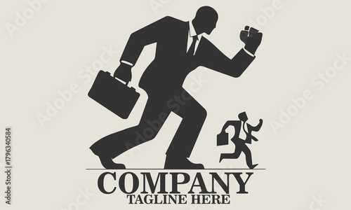 Vector illustration of a small businessman running away from a giant figure in a business suit about to step on him, metaphorical vector illustration of job pressure. Underdog day icon