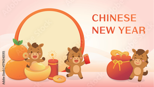 Year of the Horse poster, traditional cultural elements, oranges and gold coins, Chinese Lunar New Year